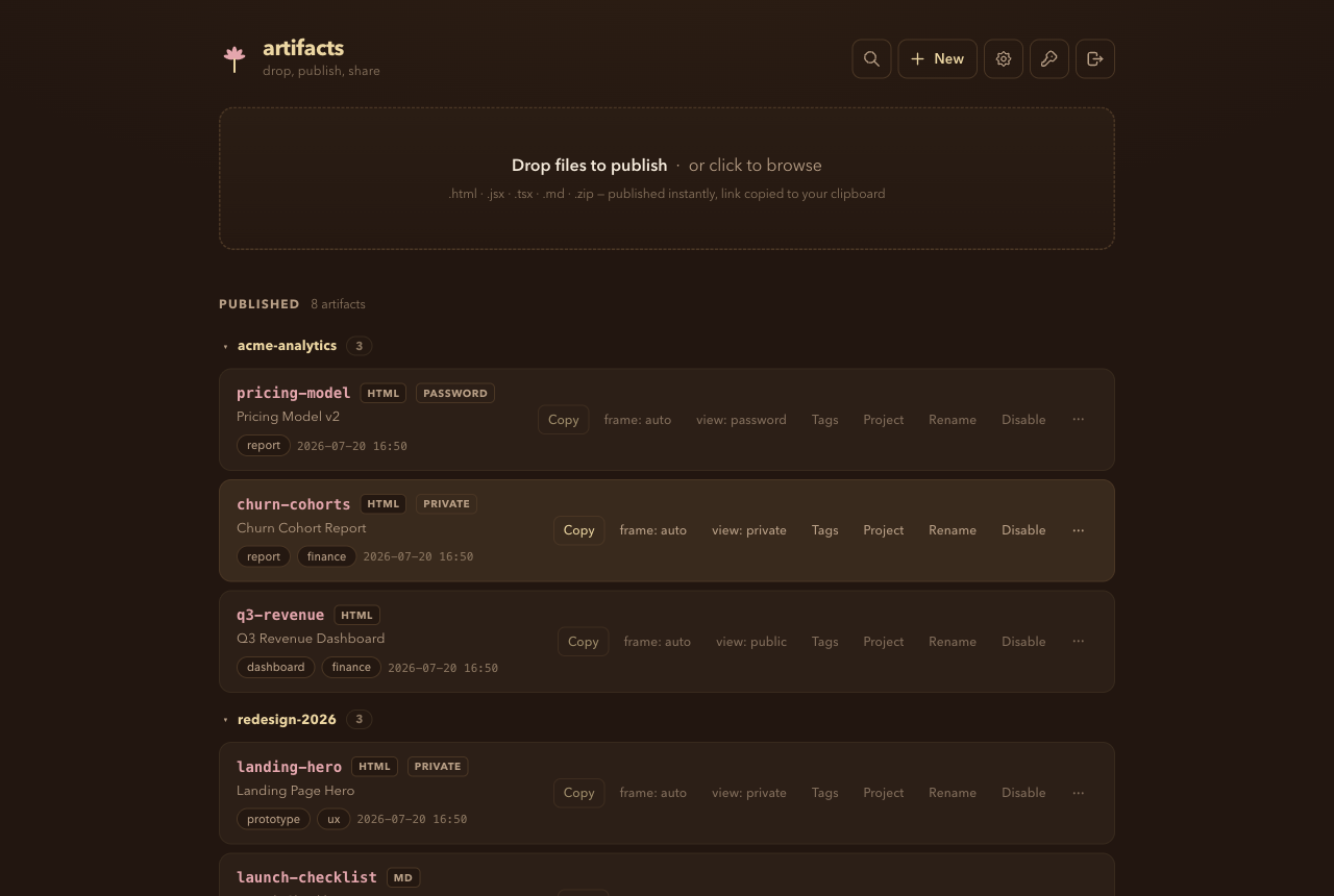 The Dropkiln web UI: a drop-to-publish zone above a searchable list of published artifacts grouped by project