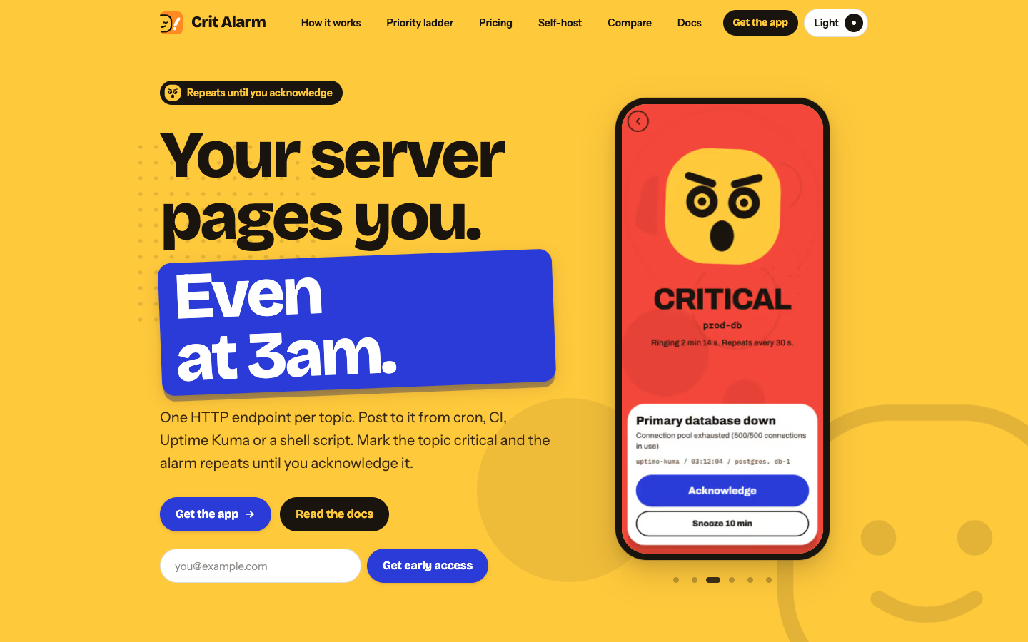 The Crit Alarm homepage: a phone ringing a critical alert for a downed primary database, with an Acknowledge button and a Snooze 10 min button under it