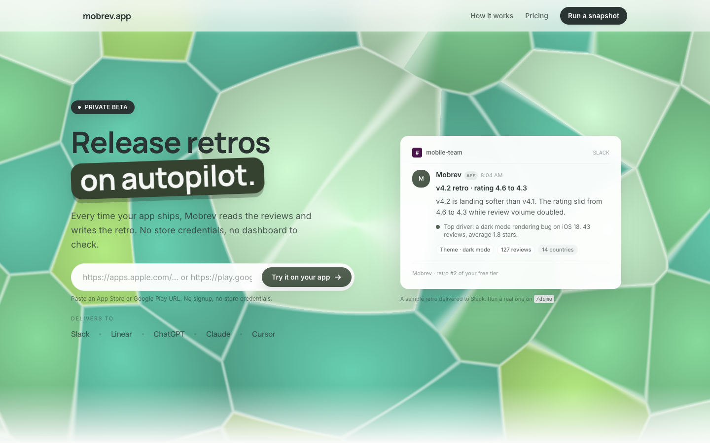 The Mobrev homepage: paste an App Store or Google Play URL to get a release retro, with a sample retro card delivered to Slack